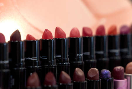 MAC Cosmetics lipstick on the stand. MAC lipstick testers displayed in a luxurious store. Excellent lipstick with a creamy formula, saturated pigments. 12,02,2022, Dubai, UAEのeditorial素材