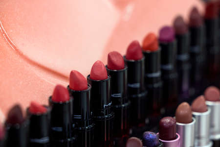 MAC Cosmetics lipstick on the stand. MAC lipstick testers displayed in a luxurious store. Excellent lipstick with a creamy formula, saturated pigments. 12,02,2022, Dubai, UAEのeditorial素材