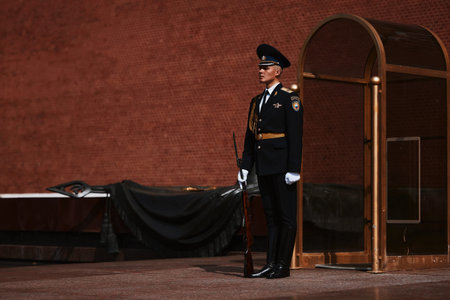 Eternal Flame in the Kremlin. Guard of Honor at the tomb of the Unknown Soldier at the wall of...