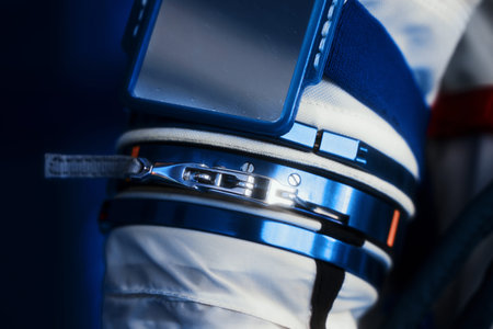 Astronauts glove. A spacesuit for going into open space. Parts of the space suit. connection on the...