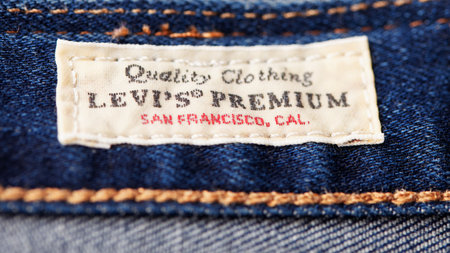Close up of the details of new LEVIS 501 Jeans. label and patch LEVIS. Classic jeans model. LEVIS is a brand name of Levi Strauss and Co, founded in 1853. 31.12.2021, Rostov, Russiaのeditorial素材