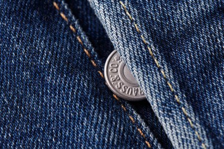 Close up of the details of new LEVIS 501 Jeans. Seams and button fly close-up. Classic jeans model. LEVIS is a brand name of Levi Strauss and Co, founded in 1853. 31.12.2021, Rostov, Russiaのeditorial素材