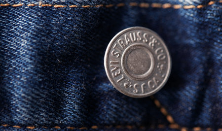Close up of the details of new LEVIS 501 Jeans. Seams and button fly close-up. Classic jeans model. LEVIS is a brand name of Levi Strauss and Co, founded in 1853. 31.12.2021, Rostov, Russiaのeditorial素材