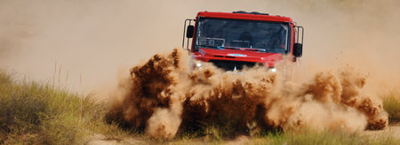 Extreme off-road racing. Sports truck MAZ Sport-auto team gets over the difficult part of the route during the Rally raid in sand. 14.07.2022 Kalmykia, Russiaのeditorial素材