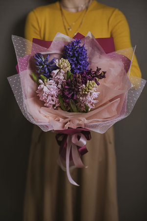 bouquet pf flowers on gray backgroundの写真素材