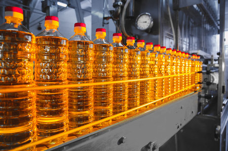 Oil in bottles. Industrial production of sunflower oil. Conveyor line for bottling and packing. Sunflower oil plantの写真素材