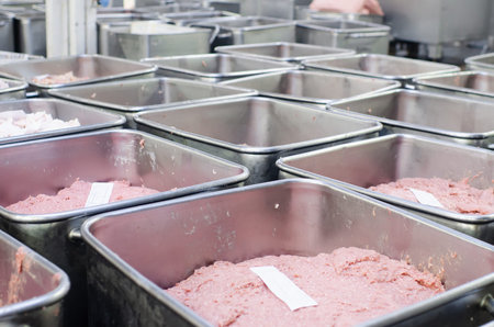 Meat grinder. Sausage production line. Process of sausage manufacturing. Industrial manufacturing of...