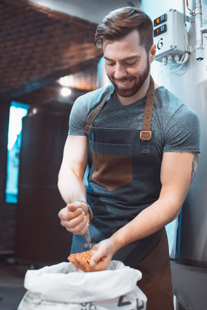 A young brewer examines the malt in a bag on the background of a brewery.