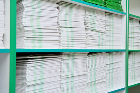 folders with documents on the shelf in the office. Office background