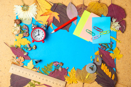 Back to school concept. Autumn frame of dry leaves and school supplies. Copy space