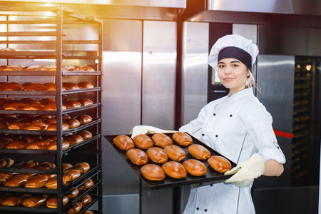 Young girl baker holds a baking tray with hot pastries on the background of an industrial oven in a bakery.の写真素材