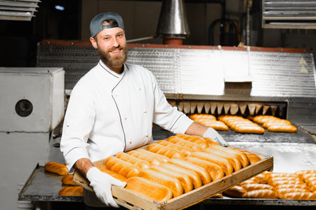 A baker holds a tray with fresh hot bread against the background of an industrial oven in a bakery....