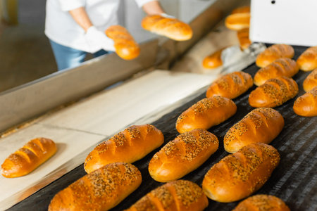 The oven in the bakery. Hot fresh bread leaves the industrial oven in a bakery. Automatic bread...