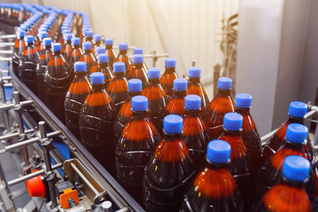 Plastic bottles with beer on a conveyor belt. Industrial beer production