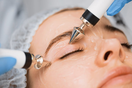 Tightening the muscles of the face of a young beautiful girl with microcurrents.