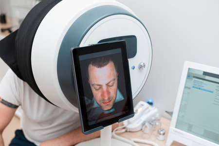 Diagnostics of the condition of the skin of a man's face using modern cosmetic equipment.の写真素材