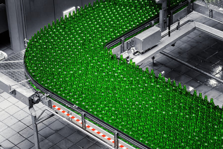 Automated conveyor line in a brewery. Rows of green glass bottles on a conveyor belt. Industrial...