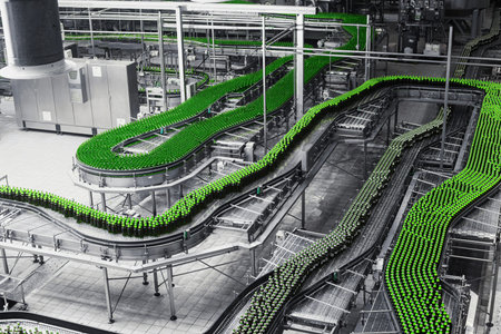 Automated conveyor line in a brewery. Rows of green glass bottles on a conveyor belt. Industrial...