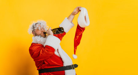 Drunk Santa. Fat santa claus drinks champagne from the neck of a bottle and holds a cap in his hand on a yellow isolated background with copy space.の写真素材