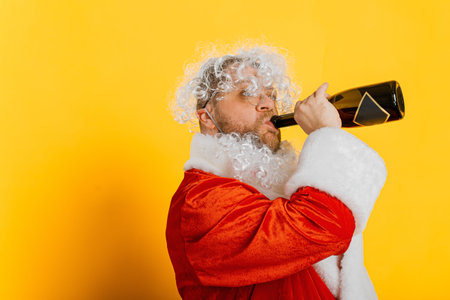 Drunk unshaven santa drinks champagne from the neck of a bottle on a yellow isolated background with...