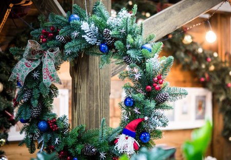 Christmas wreath with blue balls and new year ribbonの写真素材