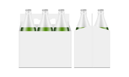 Six-Pack Green Bottle Carrier Box Mockup, Front and Side View, Isolated on White Background. Vector Illustrationのイラスト素材
