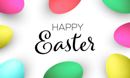 Happy Easter Handwritten Text With Colorful Eggs Isolated on White Background. Vector Illustration