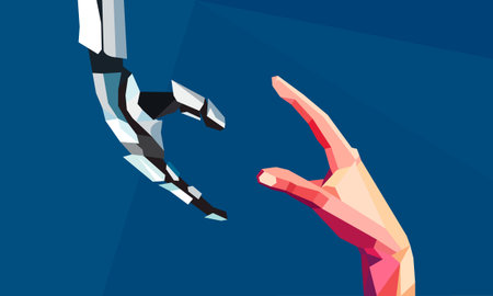 Human and robot hands. Concept of the future technology partnership. Illustration Ñan be used for...