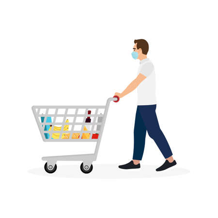Young Man Masked Pushing Shopping Cart With Groceries Isolated on White Background. Vector Illustrationのイラスト素材