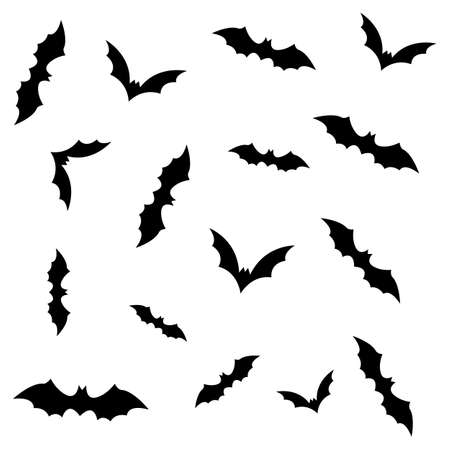 Silhouettes of flying bats isolated on white background. Flock of flying foxes. Vector illustrationのイラスト素材