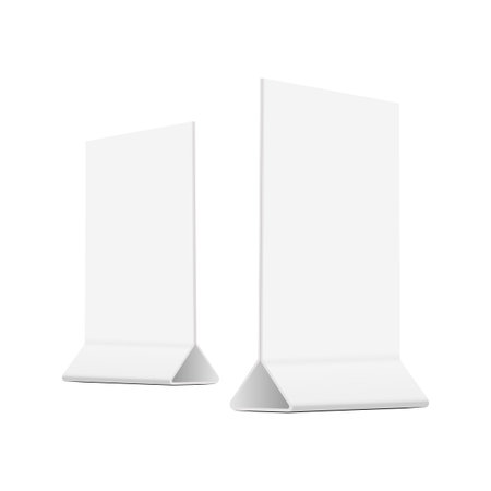 Plastic table menu stand, card display, upright ad photo frame, promo sign holder, isolated on white background. Vector illustrationのイラスト素材