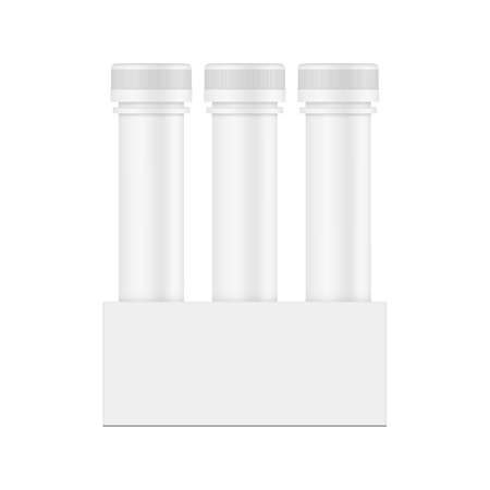 Plastic effervescent tablets, medical or energy drink tubes with paper box, isolated on white background. Vector illustrationのイラスト素材