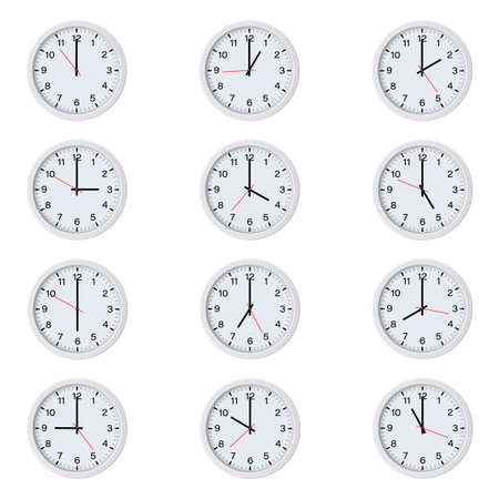 Set of round clocks with various time isolated on white background. World clock, time zone. Vector...