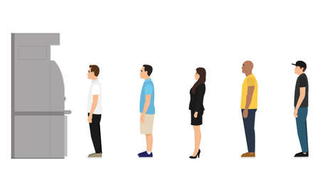 People are standing in line at the ATM. Queue at the cash machine, concept in flat design isolated on white background. Vector illustrationのイラスト素材