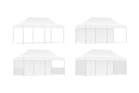 Set of four outdoor promotional rectangular tents with side views, isolated on white background. Vector illustrationのイラスト素材