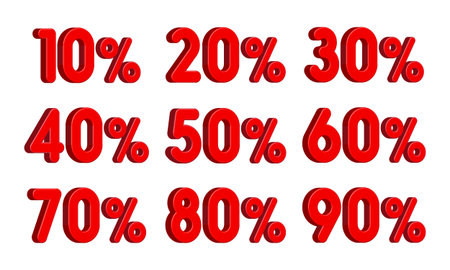 Set of Red 3D Discount Numbers with Percentages. Vector Illustration