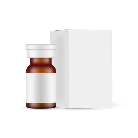Small Amber Glass Medical Ampoule Mockup with Paper Packaging Box. Vector Illustrationのイラスト素材