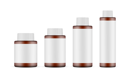 Set of Amber Cosmetic Bottles Mockups with Screw Caps and Blank Labels, Isolated on White Background. Vector Illustrationのイラスト素材