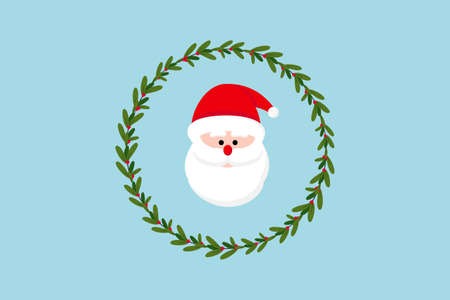 Round Mistletoe Wreath with Cartoon Santa Claus on Blue Background. Template for Holiday Christmas Postcard. Vector Illustrationのイラスト素材