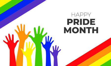 Happy Pride Month. Vector Illustration with Rise Up Colorful Hands and LGBT Flagのイラスト素材