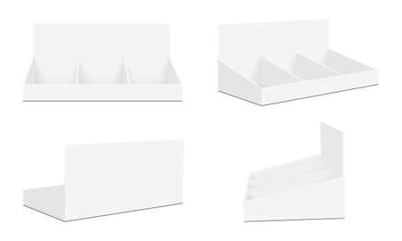 Empty Display Cardboard Counters Set, Front, Side, Back View, Isolated on White Background. vector illustrationのイラスト素材