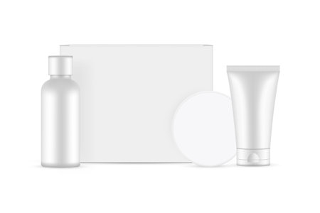Cosmetic Packaging Set, Box, Bottle, Round Jar, Tube, Isolated on White Background. vector illustrationのイラスト素材