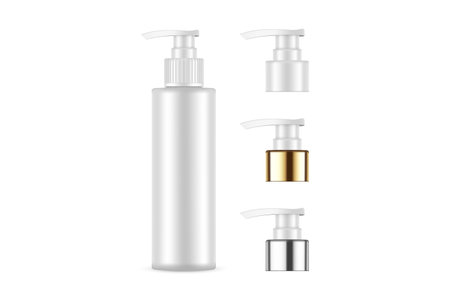 Blank Pump Bottle Mock Up With Plastic, Metallic, Golden Caps, Isolated on White Background. Vector Illustrationのイラスト素材