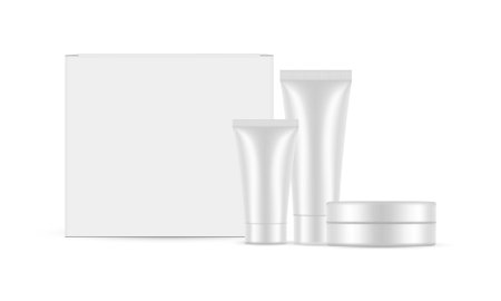 Cosmetic Cream Set. Packaging Box, Tubes and Jar, Isolated On White Background. Vector Illustrationのイラスト素材