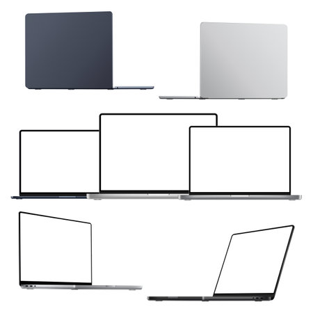 Set Of Laptop Mockup, Front, Side, Back, View, Blank Screens, Isolated On White Background. Vector Illustrationのイラスト素材