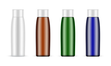 Set Of Cosmetic Bottles, Blank, Amber, Blue, Green, Front View, Isolated On White Background. Vector Illustrationのイラスト素材