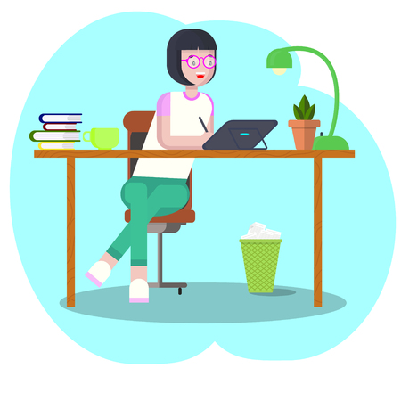 Workspace concept. Girl designer at workplace with a graphic tablet .Young graphic designer woman using a digital graphics tablet, computer and pen. Businesswoman sitting at the desk with computerのイラスト素材
