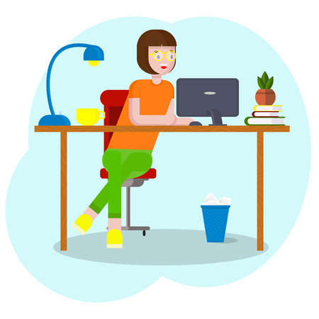 Workspace concept. Girl designer at workplace with a graphic tablet .Young graphic designer woman using a digital graphics tablet, computer and pen. Businesswoman sitting at the desk with computer.のイラスト素材