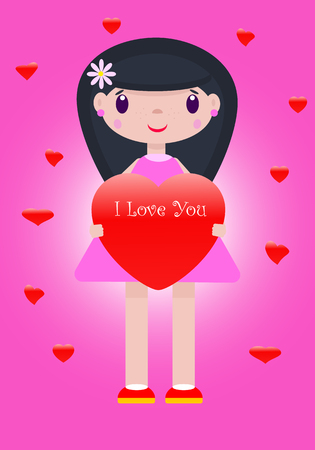 Vector romantic illustration of a cheerful, cute girl with a heart in her hands and inscription I love you on a pink and purple background with hearts of different sizes.のイラスト素材