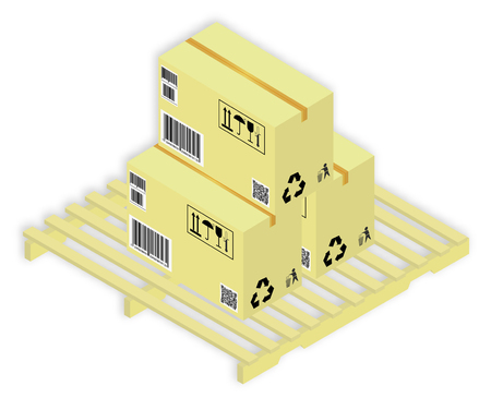 Isometric vector illustration set of cardboards the boxes with markings, on pallet, with shadow, on white backgroundのイラスト素材